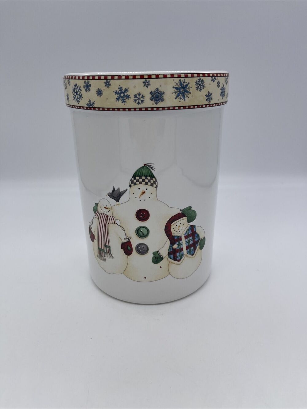 Sakura “Winter Birds” Debbie Mumm Snowflake Utensil Jar Snowmen 7”x 5”